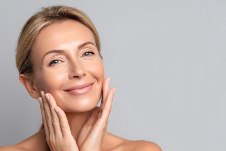 Woman with healthy radiant skin demonstrating skin longevity skincare results